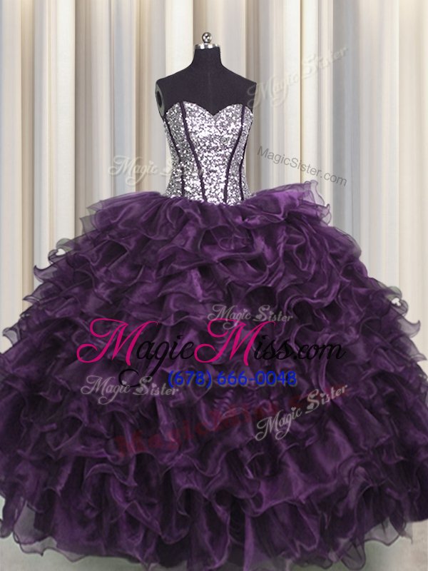 wholesale luxury visible boning eggplant purple ball gowns sweetheart sleeveless organza and sequined floor length lace up ruffles and sequins quinceanera gown