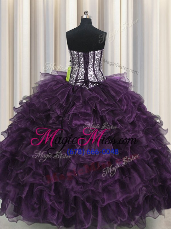 wholesale luxury visible boning eggplant purple ball gowns sweetheart sleeveless organza and sequined floor length lace up ruffles and sequins quinceanera gown