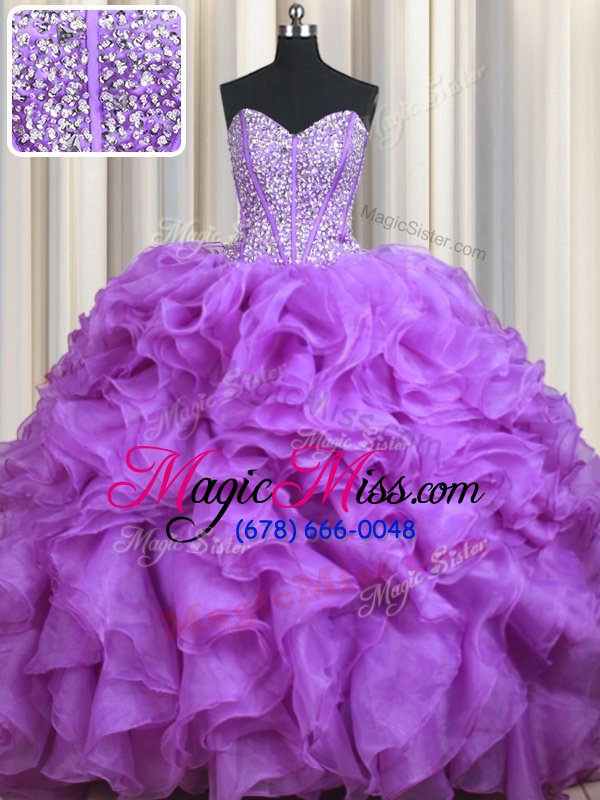 wholesale exceptional sleeveless beading and ruffles lace up quinceanera dress with lavender sweep train