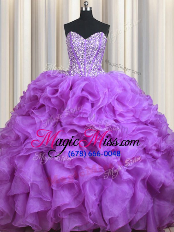 wholesale exceptional sleeveless beading and ruffles lace up quinceanera dress with lavender sweep train