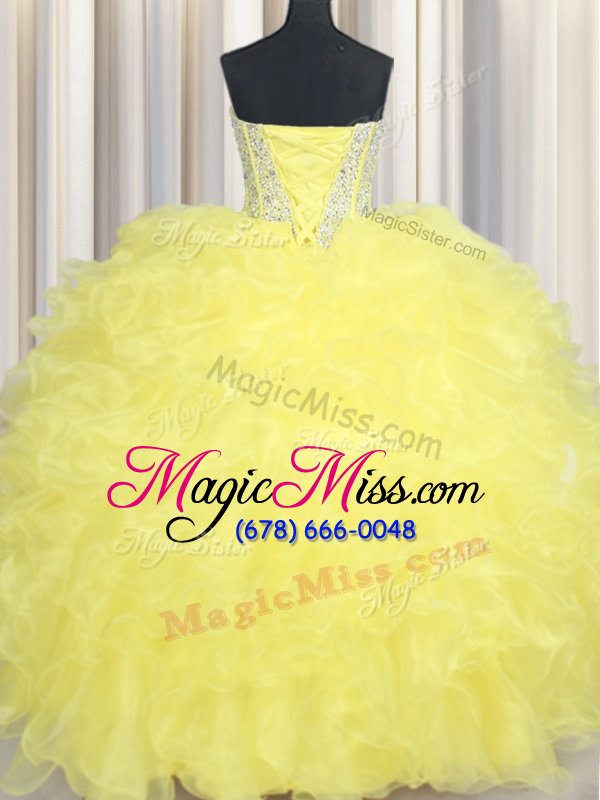 wholesale yellow sleeveless organza lace up quinceanera dress for military ball and sweet 16 and quinceanera