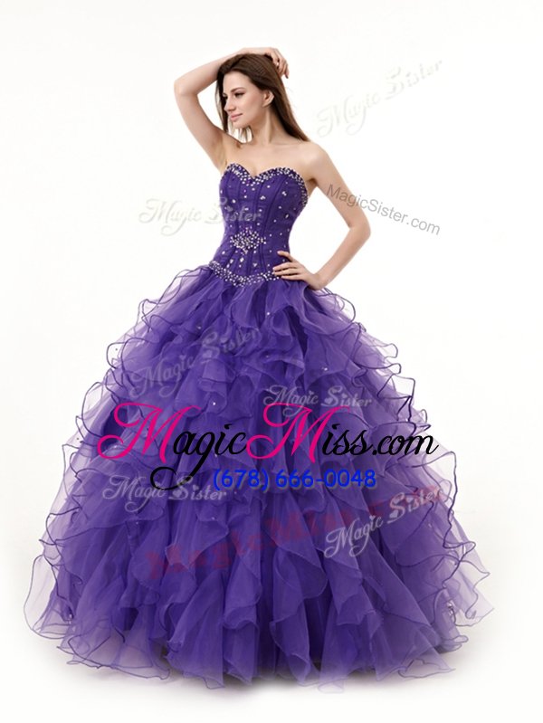 wholesale dramatic sleeveless floor length beading and ruffles lace up 15th birthday dress with purple