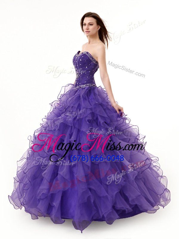 wholesale dramatic sleeveless floor length beading and ruffles lace up 15th birthday dress with purple