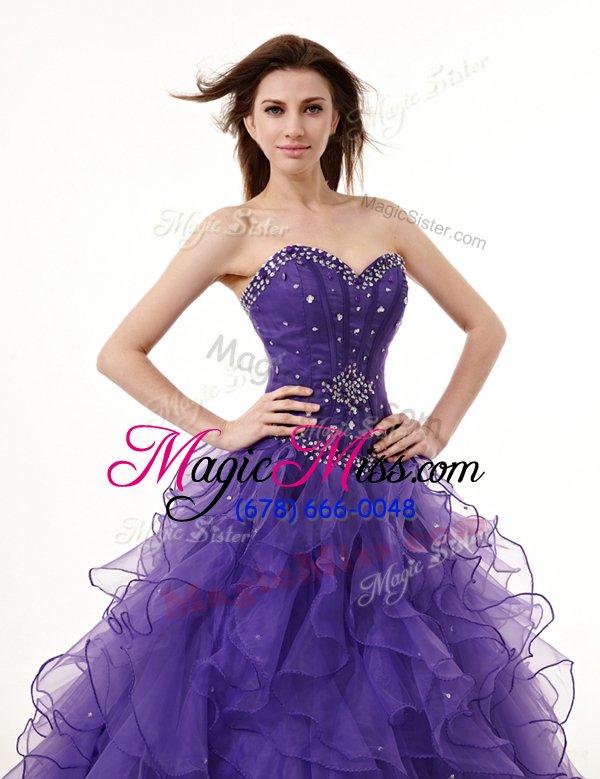 wholesale dramatic sleeveless floor length beading and ruffles lace up 15th birthday dress with purple