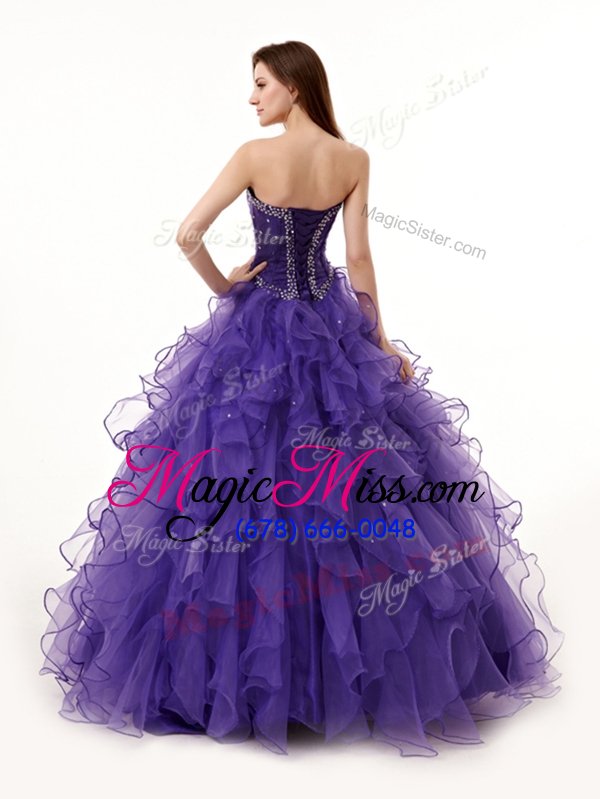 wholesale dramatic sleeveless floor length beading and ruffles lace up 15th birthday dress with purple