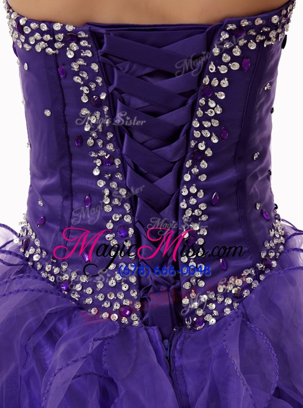 wholesale dramatic sleeveless floor length beading and ruffles lace up 15th birthday dress with purple