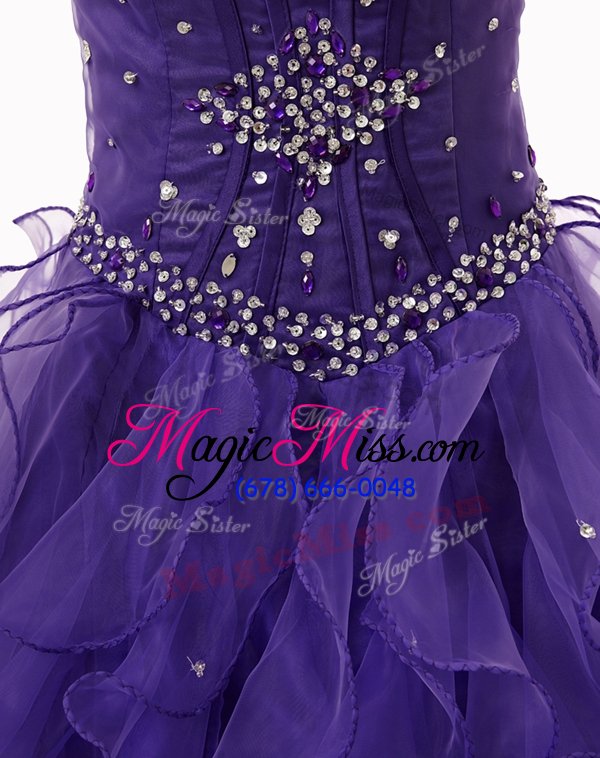 wholesale dramatic sleeveless floor length beading and ruffles lace up 15th birthday dress with purple