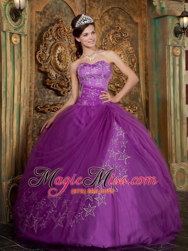 wholesale purple ball gown sweetheart floor-length appliques tulle quinceanera dress