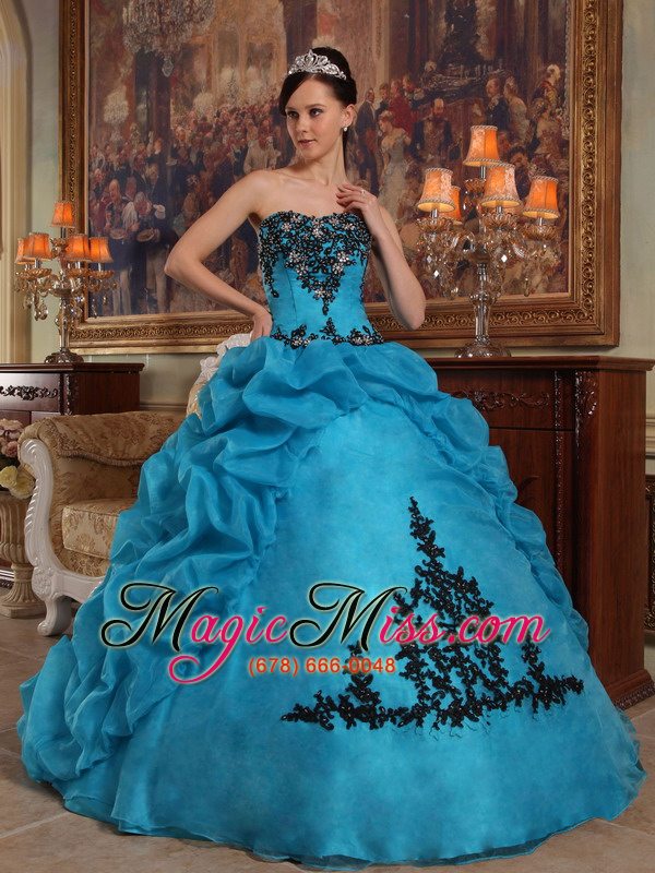 wholesale blue ball gown strapless floor-length taffeta and organza beading and pick-ups quinceanera dress