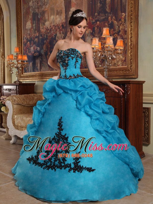 wholesale blue ball gown strapless floor-length taffeta and organza beading and pick-ups quinceanera dress