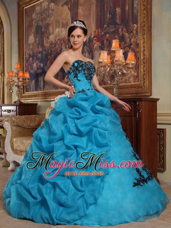 wholesale blue ball gown strapless floor-length taffeta and organza beading and pick-ups quinceanera dress