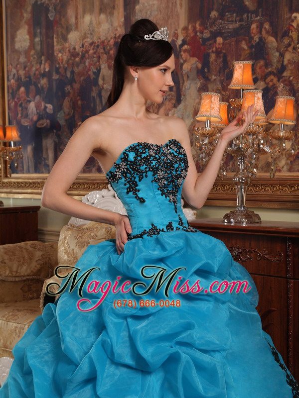 wholesale blue ball gown strapless floor-length taffeta and organza beading and pick-ups quinceanera dress