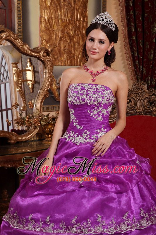 wholesale fuchsia ball gown strapless floor-length organza appliques quinceanera dress