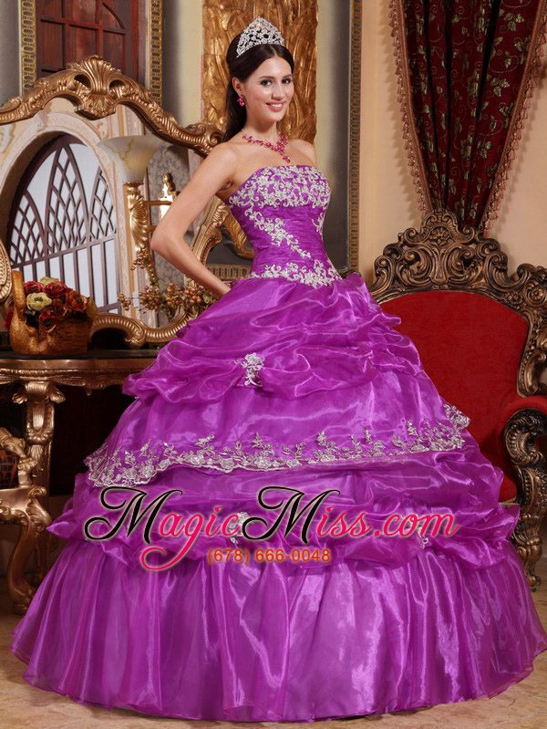 wholesale fuchsia ball gown strapless floor-length organza appliques quinceanera dress
