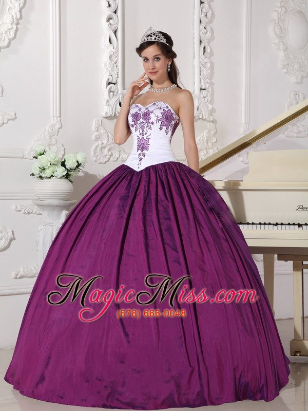 wholesale white and purple ball gown sweetheart floor-length taffeta embroidery quinceanera dress