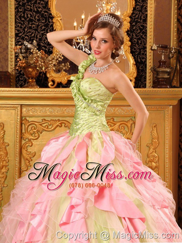 wholesale multi-color ball gown one shoulder floor-length taffeta and organza beading and ruffles quinceanera dress