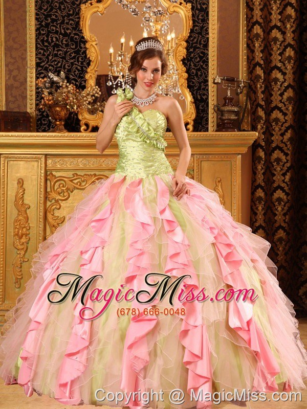 wholesale multi-color ball gown one shoulder floor-length taffeta and organza beading and ruffles quinceanera dress