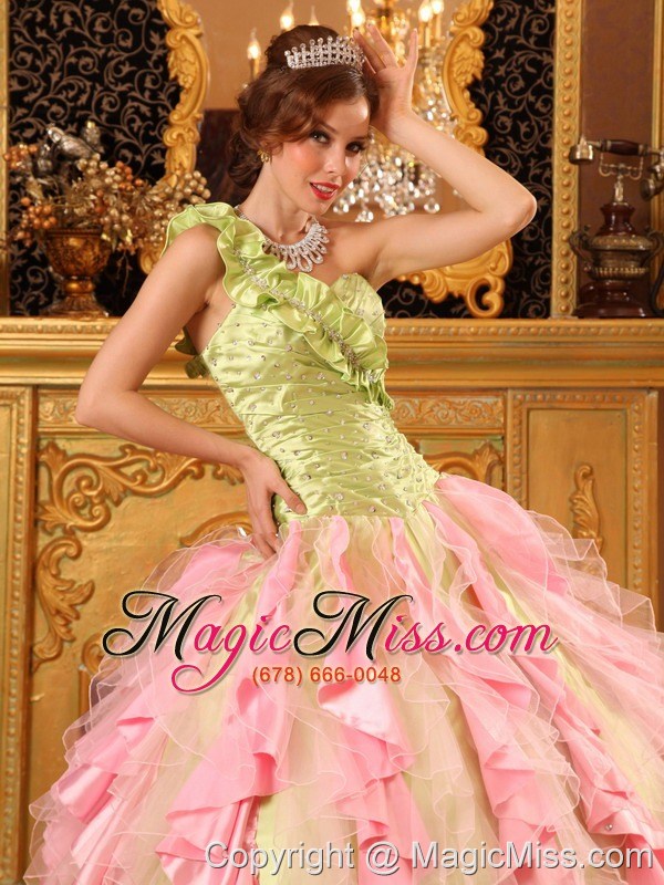 wholesale multi-color ball gown one shoulder floor-length taffeta and organza beading and ruffles quinceanera dress