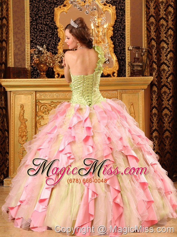 wholesale multi-color ball gown one shoulder floor-length taffeta and organza beading and ruffles quinceanera dress