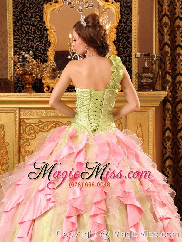 wholesale multi-color ball gown one shoulder floor-length taffeta and organza beading and ruffles quinceanera dress