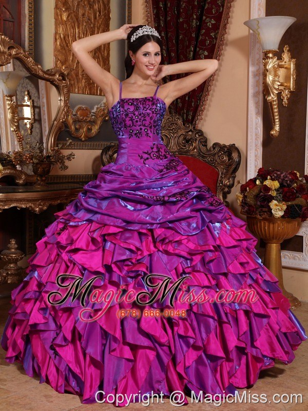 wholesale purple and fuchsia ball gown straps floor-length satin embroidery with beading quinceanera dress