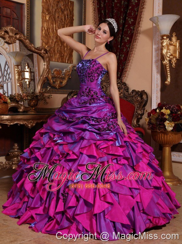 wholesale purple and fuchsia ball gown straps floor-length satin embroidery with beading quinceanera dress