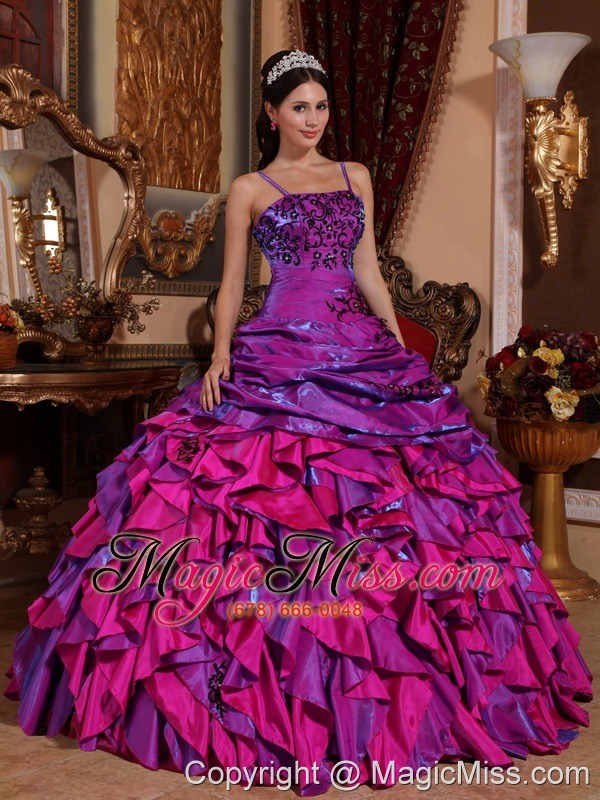 wholesale purple and fuchsia ball gown straps floor-length satin embroidery with beading quinceanera dress