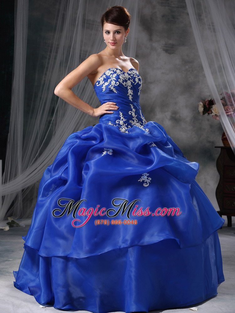 wholesale blue ball gown sweetheart floor-length organza appliques quinceanera dress