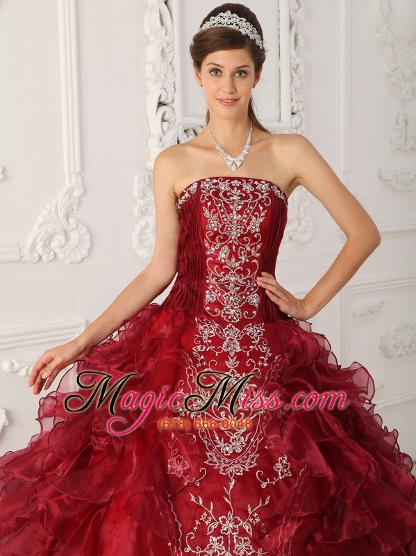 wholesale wine red ball gown strapless floor-length satin and organza embroidery quinceanera dress