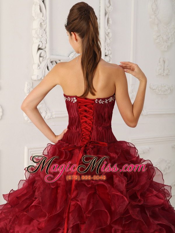 wholesale wine red ball gown strapless floor-length satin and organza embroidery quinceanera dress