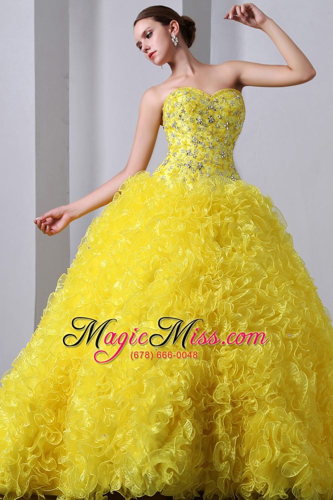 wholesale yellow a-line / princess sweetheart brush train organza beading and ruffles quinceanea dress