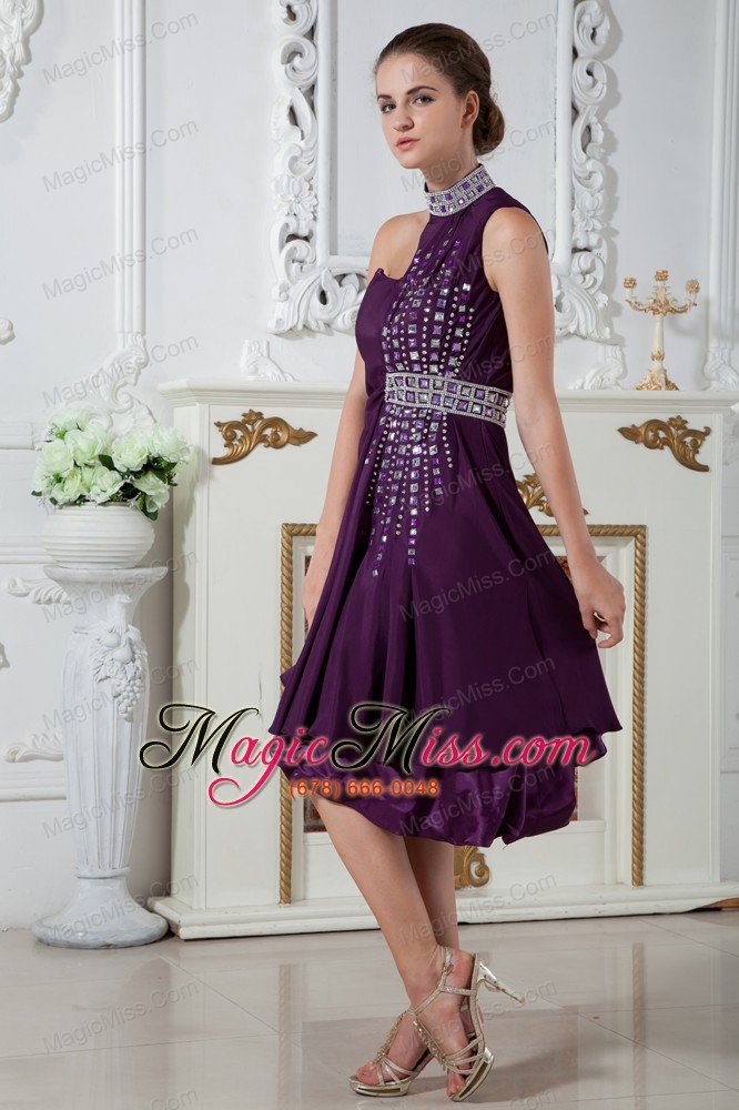 wholesale dark purple empire asymmetrical prom dress knee-length chiffon beading