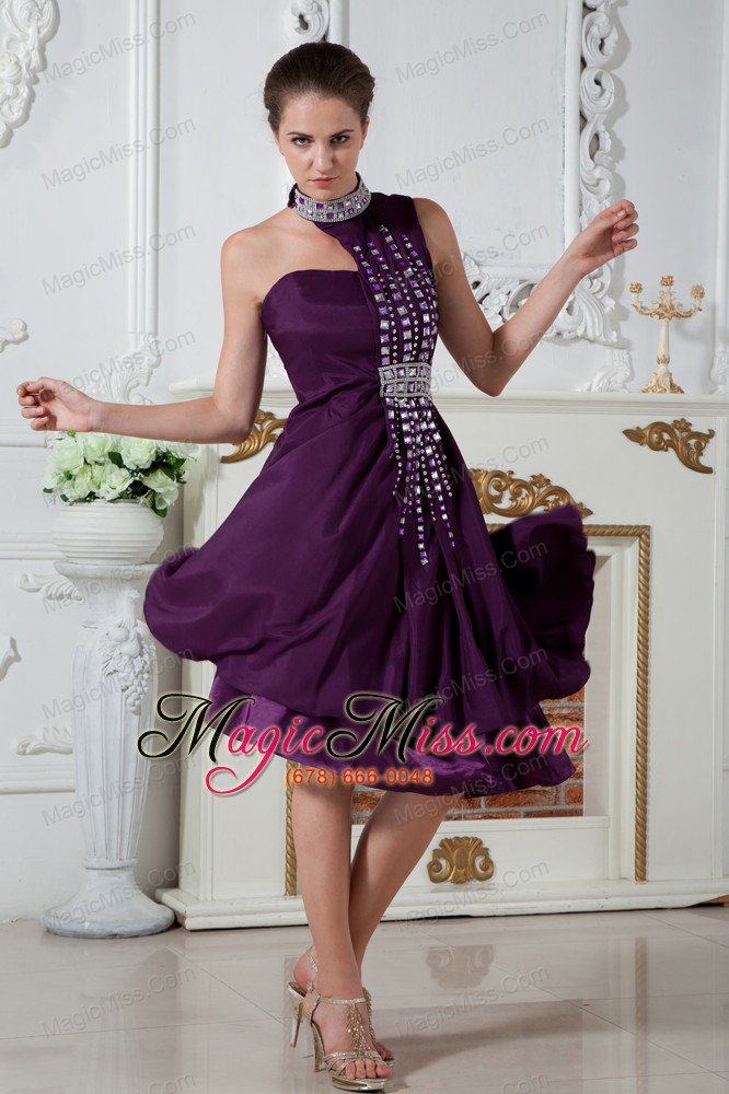 wholesale dark purple empire asymmetrical prom dress knee-length chiffon beading