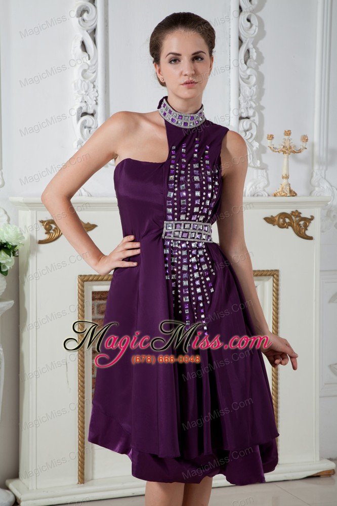 wholesale dark purple empire asymmetrical prom dress knee-length chiffon beading