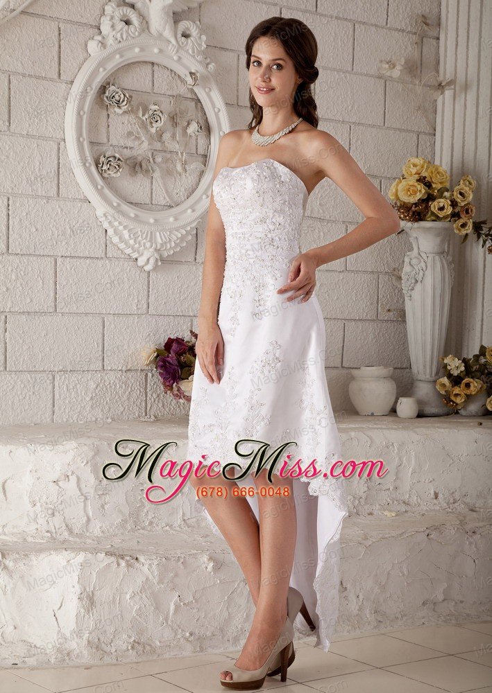 wholesale discount a-line / princess strapless high-low lace embroidery and beading wedding dress