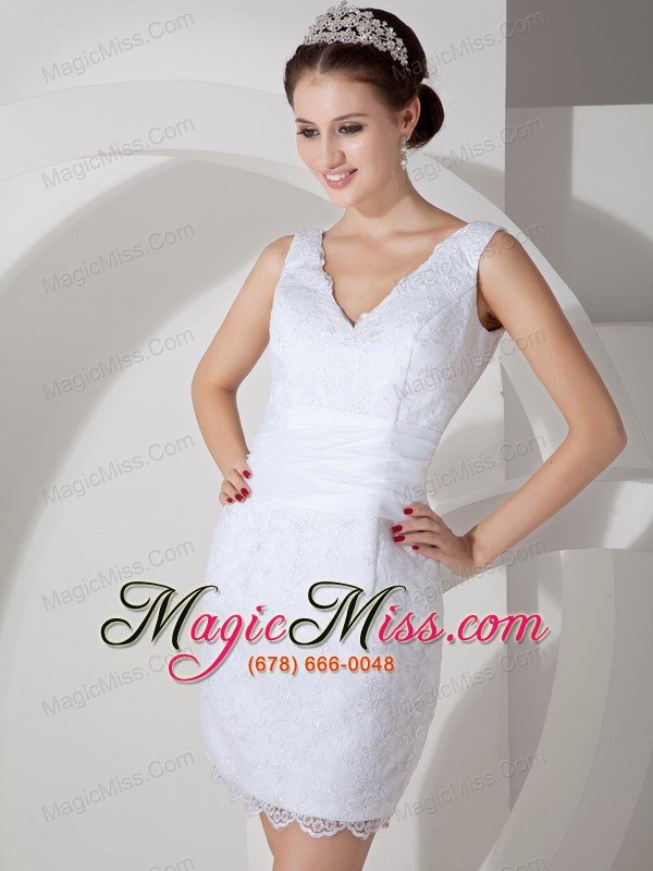 wholesale low price column v-neck mini-length satin lace wedding dress