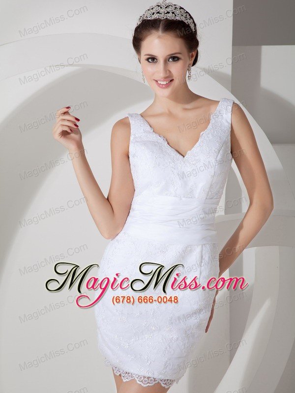 wholesale low price column v-neck mini-length satin lace wedding dress