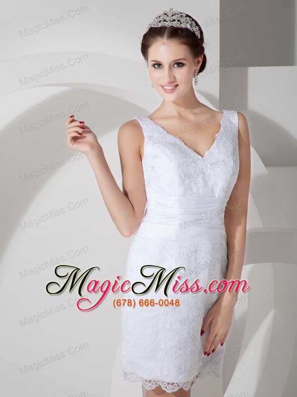 wholesale low price column v-neck mini-length satin lace wedding dress