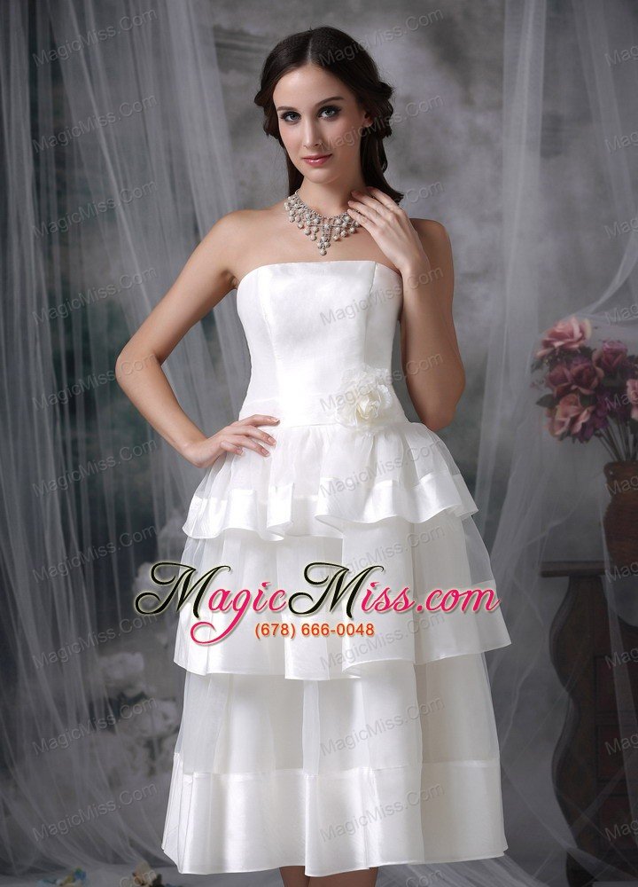 wholesale beautiful empire strapless tea-length organza hand made flower wedding dress