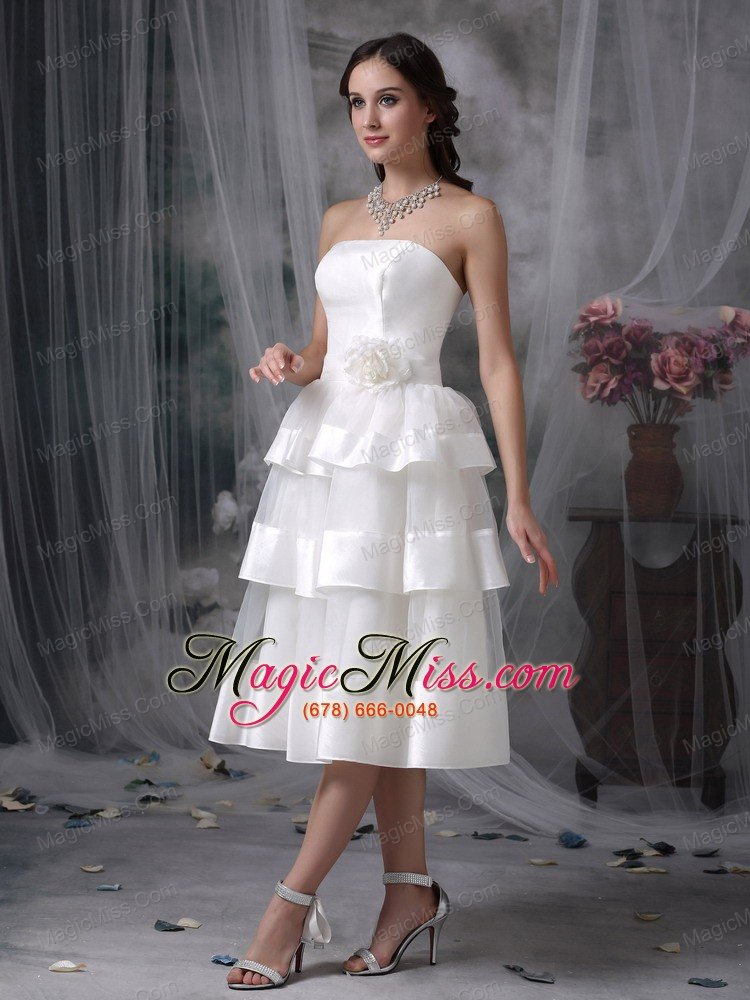 wholesale beautiful empire strapless tea-length organza hand made flower wedding dress