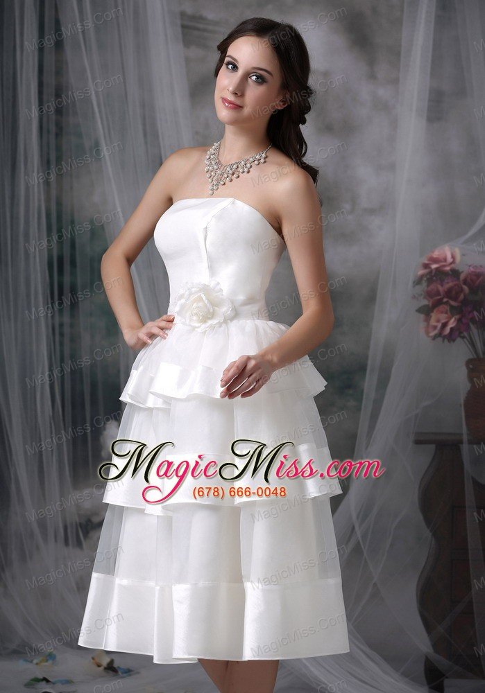 wholesale beautiful empire strapless tea-length organza hand made flower wedding dress