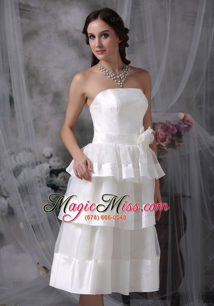 wholesale beautiful empire strapless tea-length organza hand made flower wedding dress