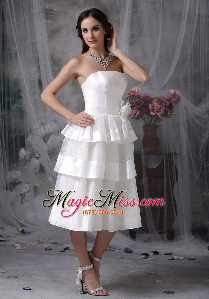 wholesale beautiful empire strapless tea-length organza hand made flower wedding dress