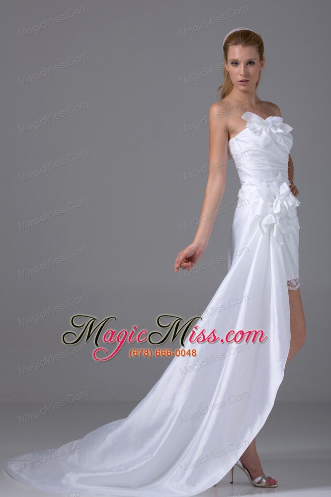 wholesale high-low strapless hand made flowers taffeta wedding dress