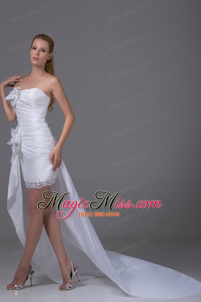 wholesale high-low strapless hand made flowers taffeta wedding dress