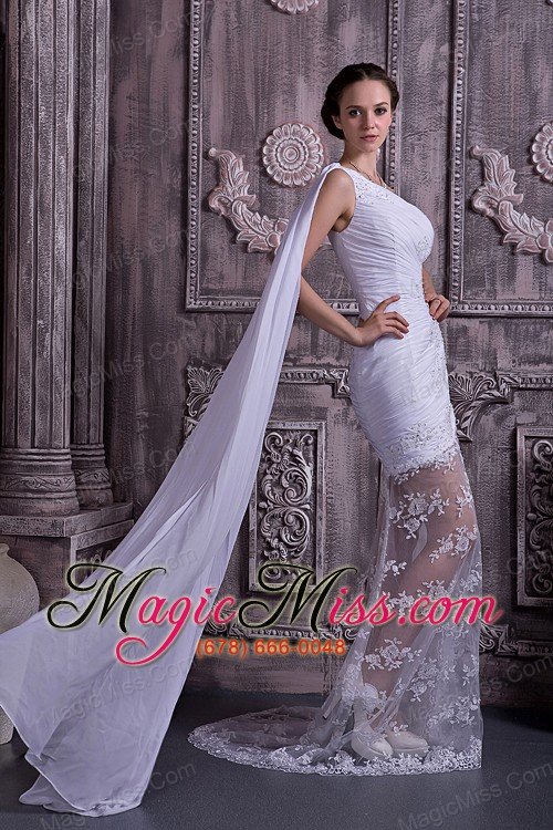 wholesale customize column / sheath one shoulder watteau train lace appliques with beading wedding dress