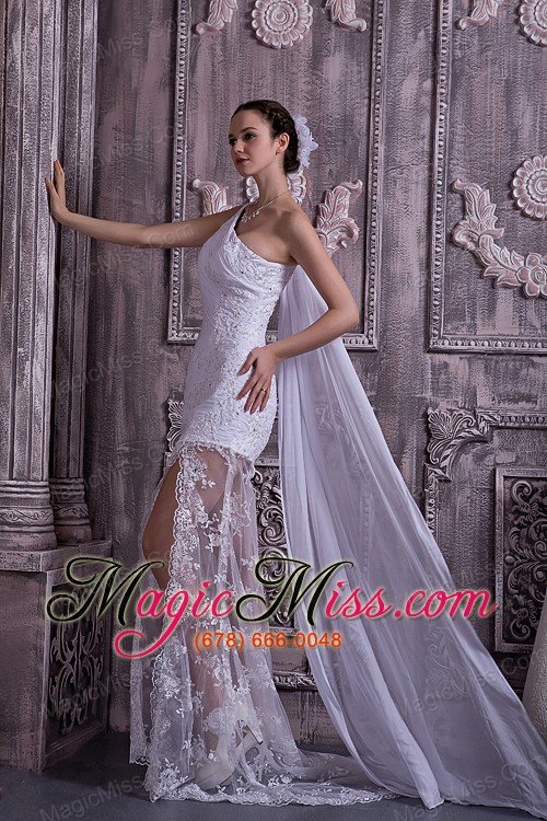 wholesale customize column / sheath one shoulder watteau train lace appliques with beading wedding dress