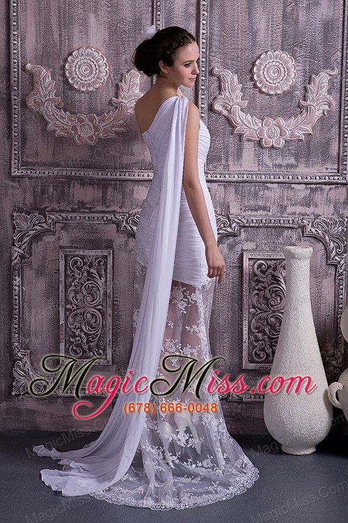 wholesale customize column / sheath one shoulder watteau train lace appliques with beading wedding dress