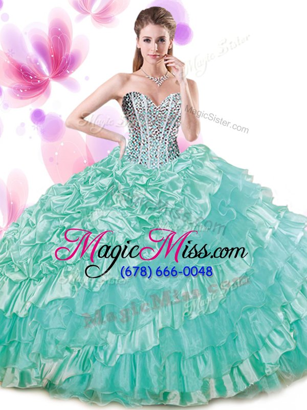 wholesale suitable turquoise lace up sweetheart beading and ruffled layers and pick ups sweet 16 quinceanera dress organza and taffeta sleeveless