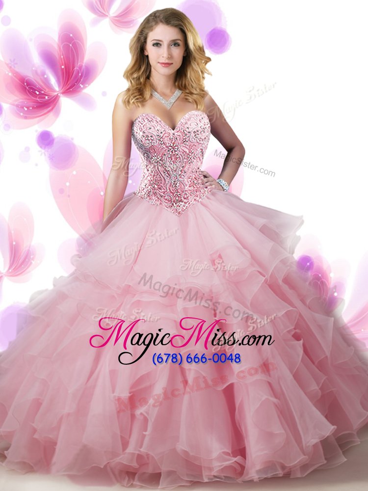 wholesale sophisticated pink lace up sweetheart beading and ruffled layers quinceanera gowns organza sleeveless